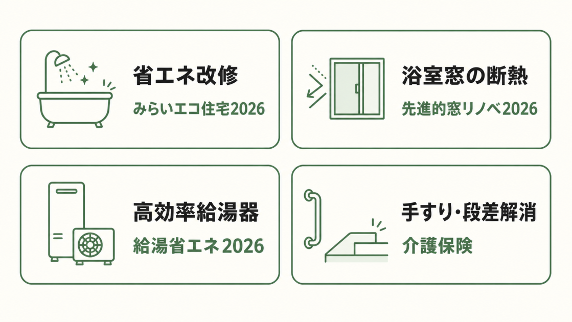 お風呂リフォームの目的別に、みらいエコ住宅2026、先進的窓リノベ2026、給湯省エネ2026、介護保険の選び方を示した図解