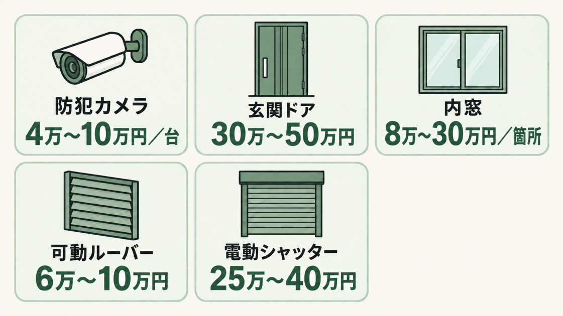 防犯カメラ、玄関ドア、内窓、可動ルーバー、電動シャッターの費用相場をまとめた図解