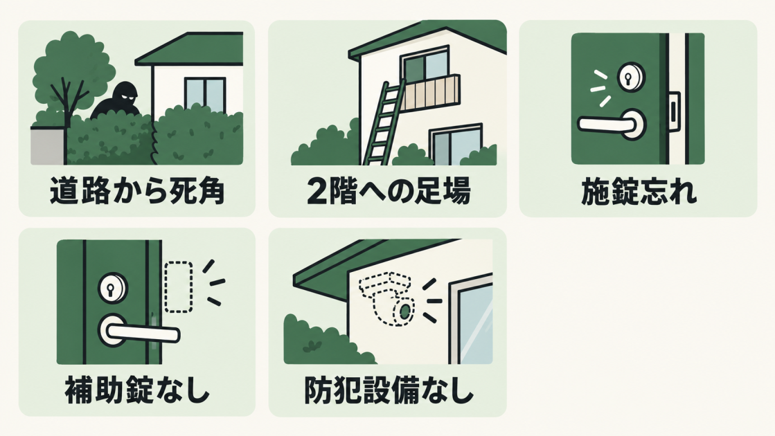 道路からの死角、2階への足場、施錠忘れ、補助錠や防犯設備がない家の特徴を示す図解