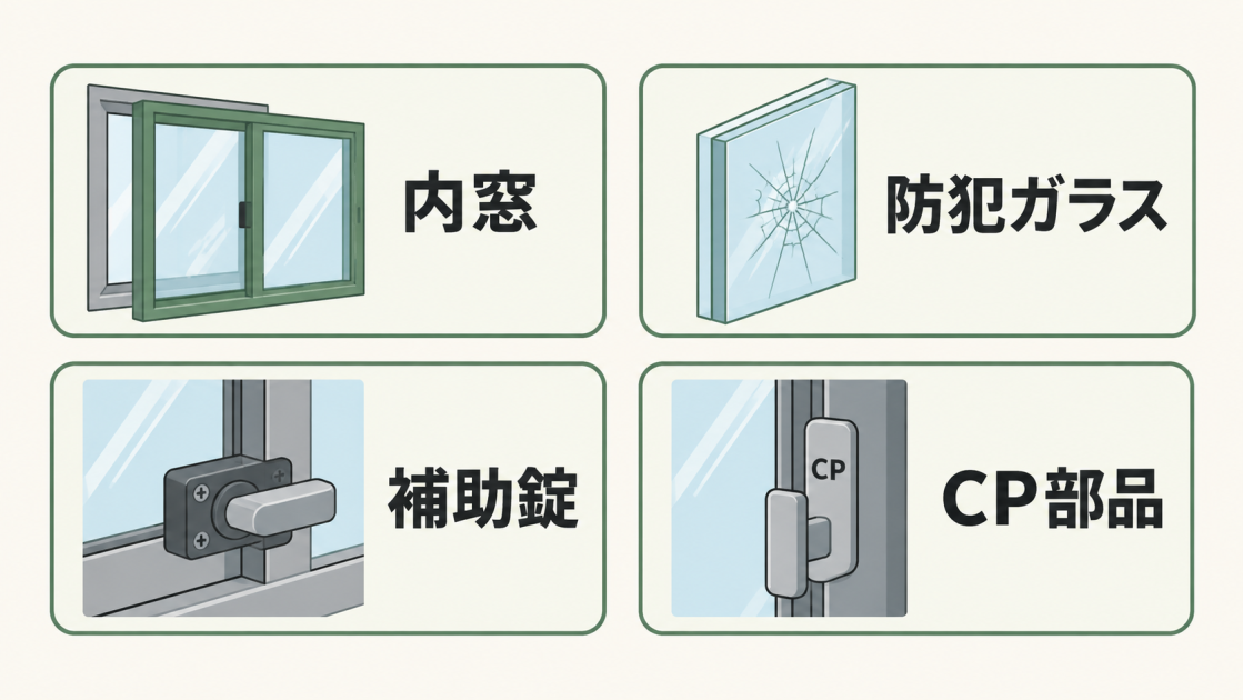 内窓、防犯ガラス、補助錠、CP部品を組み合わせる窓の防犯対策を示す図解