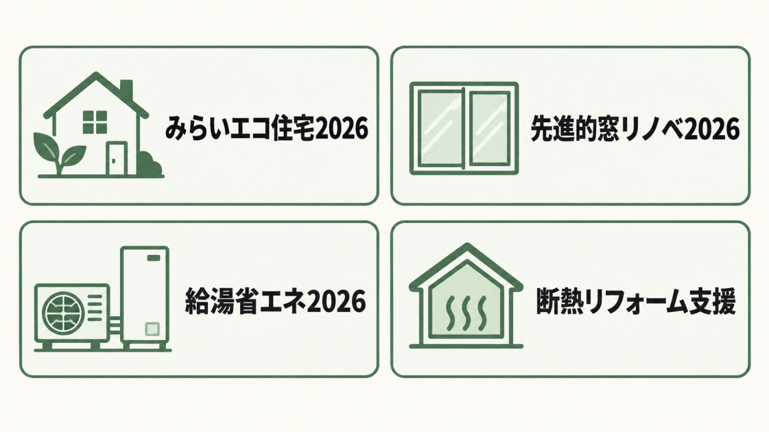 みらいエコ住宅2026、先進的窓リノベ2026、給湯省エネ2026、既存住宅の断熱リフォーム支援事業の4制度を示す図