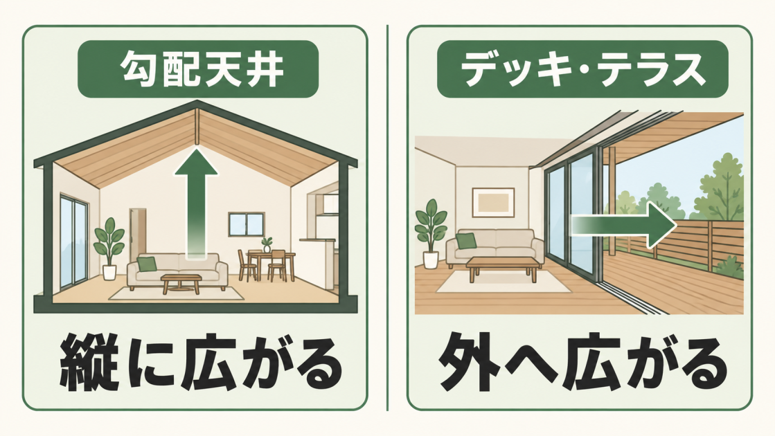 勾配天井で縦方向の広がりをつくる方法と、デッキやテラスで室内から屋外へ視線をつなげる方法を示す図