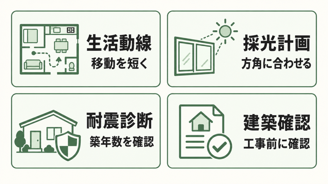 平屋のリノベーションでは、生活動線、採光計画、耐震診断、建築確認の4点を確認することを示す図