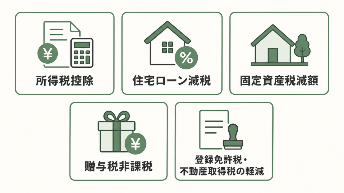 所得税控除、住宅ローン減税、固定資産税減額、贈与税非課税、登録免許税と不動産取得税の軽減を示す図解