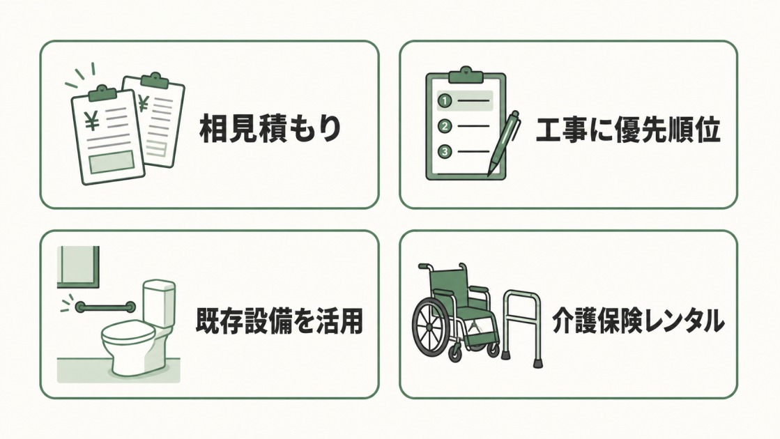 相見積もり、工事の優先順位付け、既存設備の活用、介護保険レンタルの4つの費用節約方法を示す図解