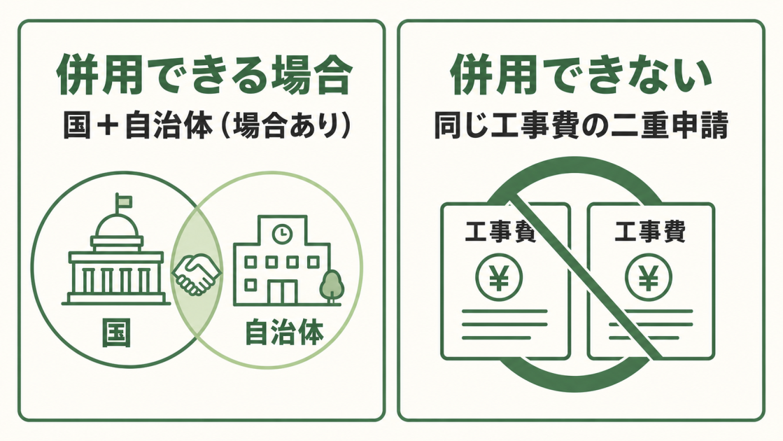 国と自治体の制度は併用できる場合がある一方、同じ工事費の二重申請はできないことを示す比較図解