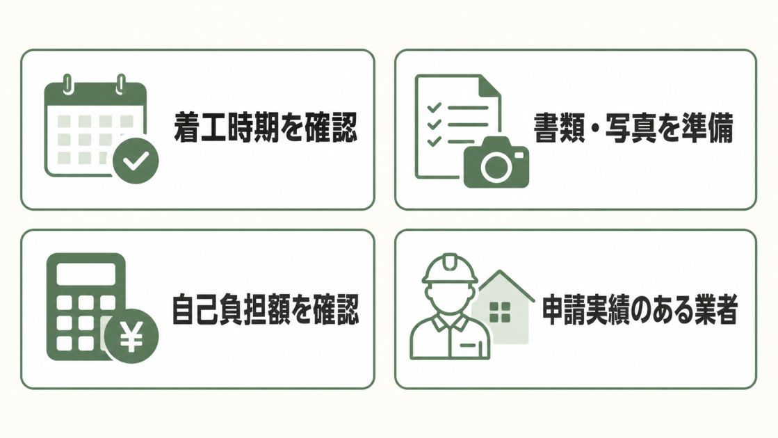 着工時期、書類と写真、自己負担額、申請実績のある業者の4点を確認する図解