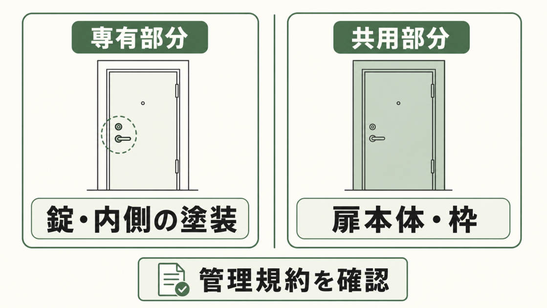 マンション玄関ドアは錠と内側の塗装が専有部分、扉本体と枠が共用部分とされ、管理規約の確認が必要と示した図解
