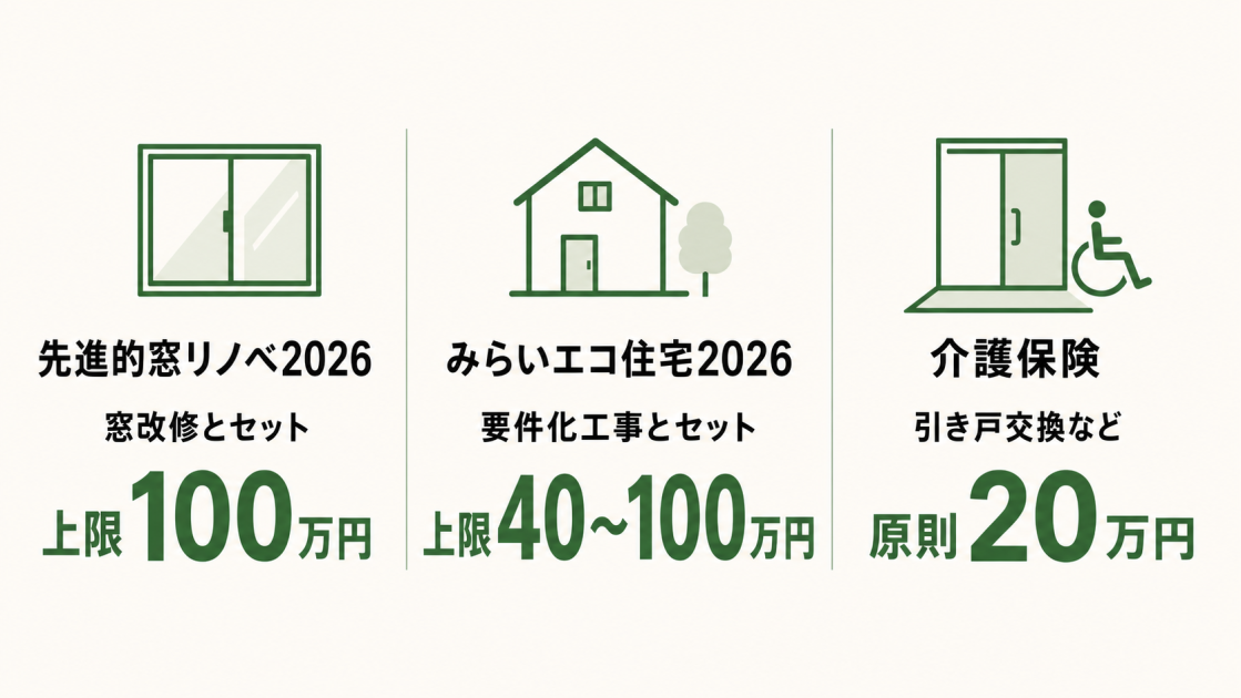 先進的窓リノベ2026は窓改修とセットで上限100万円、みらいエコ住宅2026は要件化工事とセットで上限40万〜100万円、介護保険は引き戸交換などで原則20万円と示した図解
