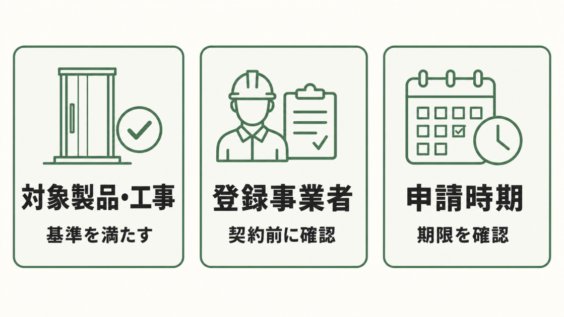 対象製品・工事が基準を満たすこと、登録事業者を契約前に確認すること、申請時期と期限を確認することを示した図解