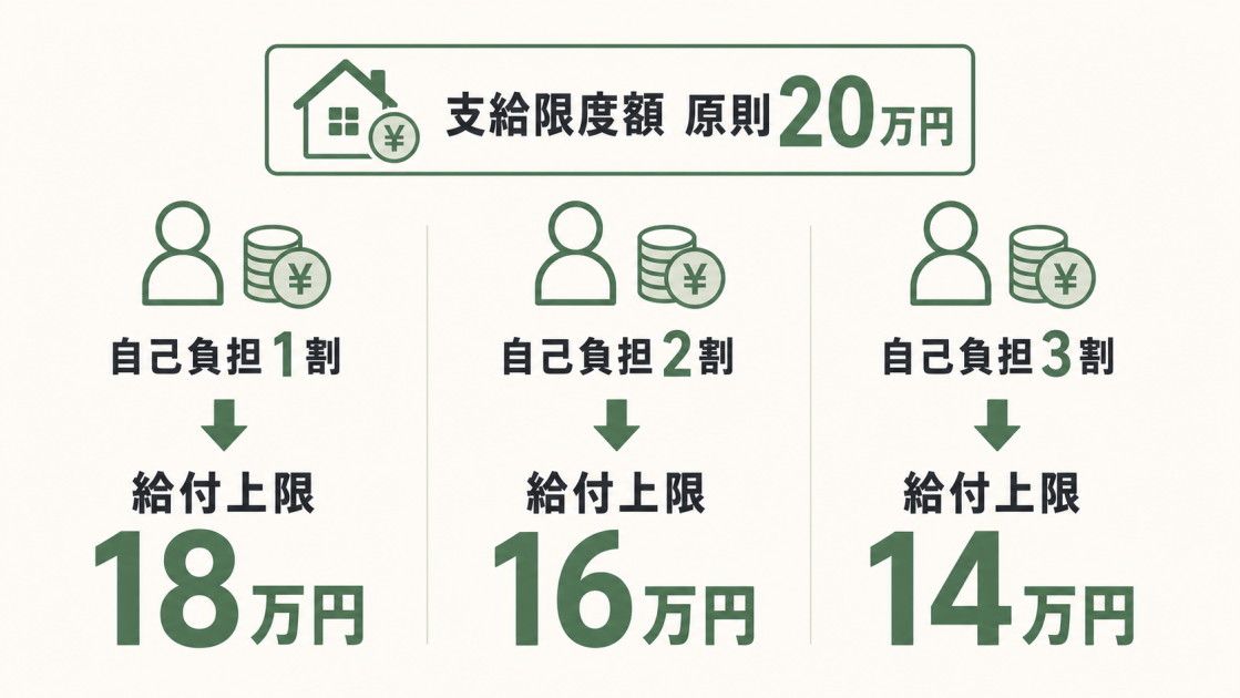 支給限度額は原則20万円で、自己負担1割なら給付上限18万円、2割なら16万円、3割なら14万円と示した図解