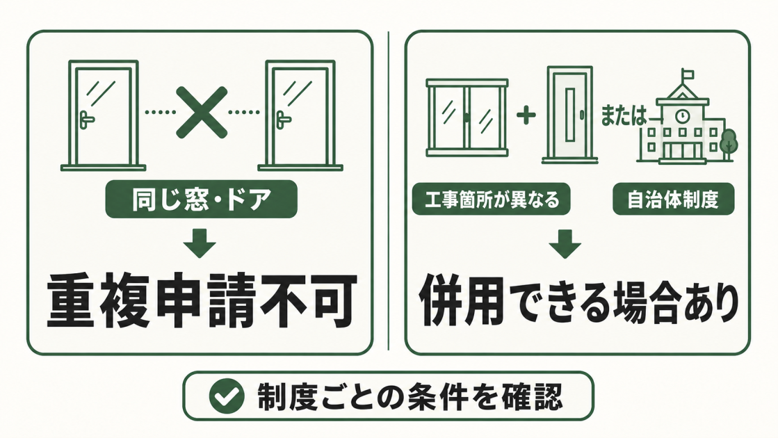 同じ窓・ドアへの重複申請は不可で、工事箇所が異なる場合または自治体制度では併用できる場合があるため、制度ごとの条件確認が必要と示した図解