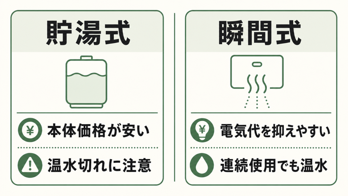 貯湯式は本体価格が安い一方で温水切れに注意が必要で、瞬間式は電気代を抑えやすく連続使用でも温水が出ることを比較した図