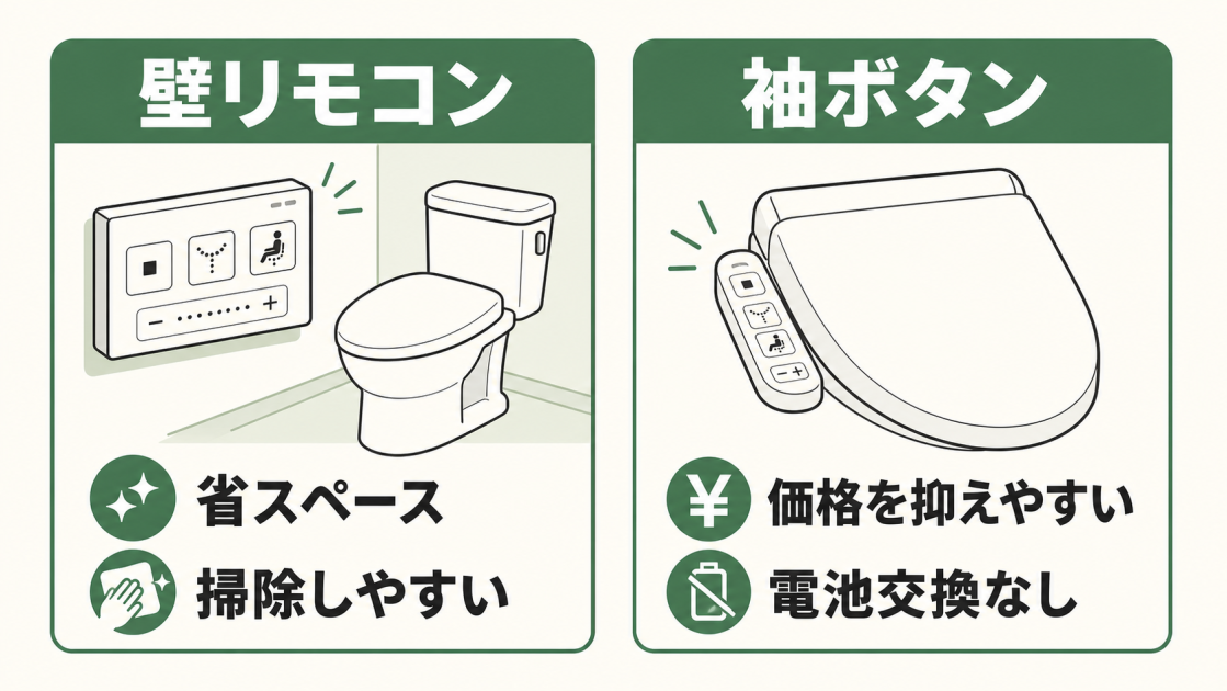 壁リモコンは省スペースで掃除しやすく、袖ボタンは価格を抑えやすく電池交換が不要であることを比較した図
