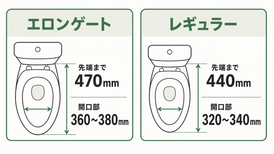 エロンゲートは便座取付穴から先端まで470mm・開口部360〜380mm、レギュラーは先端まで440mm・開口部320〜340mmと示した図