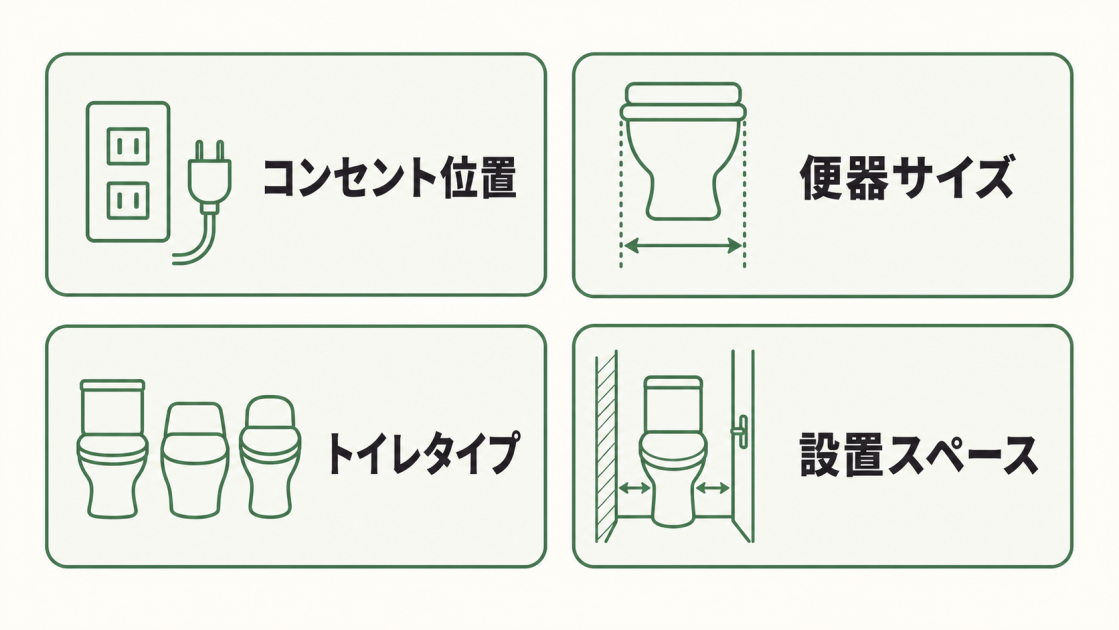 コンセント位置、便器サイズ、トイレタイプ、設置スペースの4項目を交換前に確認することを示した図