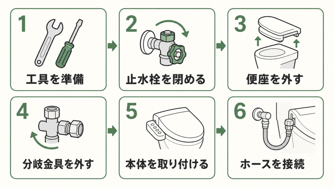 工具を準備し、止水栓を閉め、便座と分岐金具を外し、本体を取り付けてホースを接続する6工程を示した図