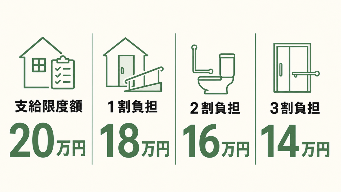 介護保険住宅改修費の支給限度額20万円と、1割負担18万円、2割負担16万円、3割負担14万円の支給上限を示す図解