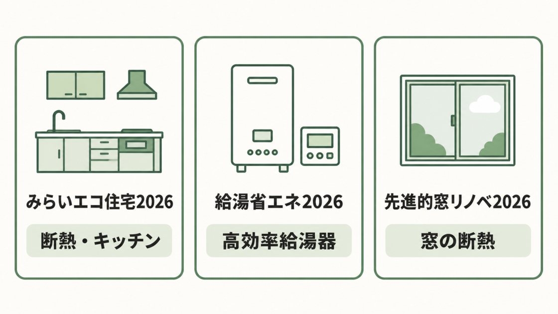 キッチン・窓・断熱はみらいエコ住宅2026、高効率給湯器は給湯省エネ2026、窓の断熱は先進的窓リノベ2026の対象候補であることを示す図解