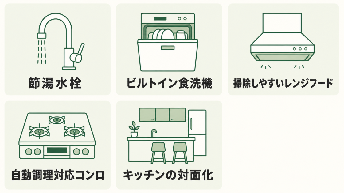節湯水栓、ビルトイン食洗機、掃除しやすいレンジフード、自動調理対応コンロ、キッチンの対面化を示す図解