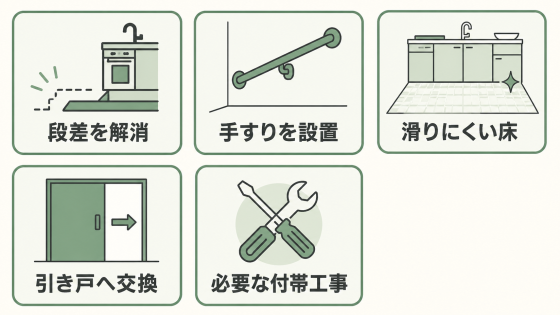 段差の解消、手すりの設置、滑りにくい床への交換、引き戸への交換、必要な付帯工事を示す図解