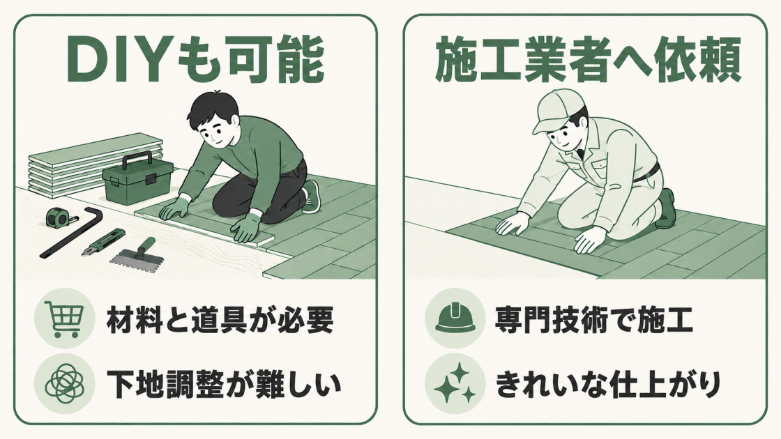 DIYでは材料と道具が必要で下地調整が難しく、施工業者は専門技術できれいに仕上げやすいことを示した図