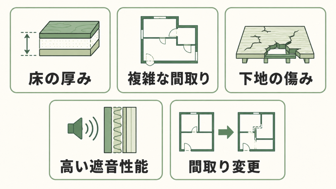 費用が高くなる要素として、床の厚み、複雑な間取り、下地の傷み、高い遮音性能、間取り変更を示した図