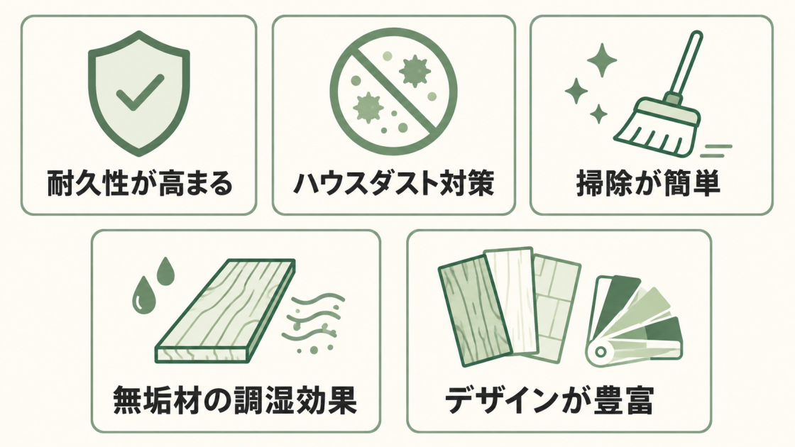 フローリングのメリットとして、耐久性、ハウスダスト対策、掃除のしやすさ、無垢材の調湿効果、デザインの豊富さを示した図