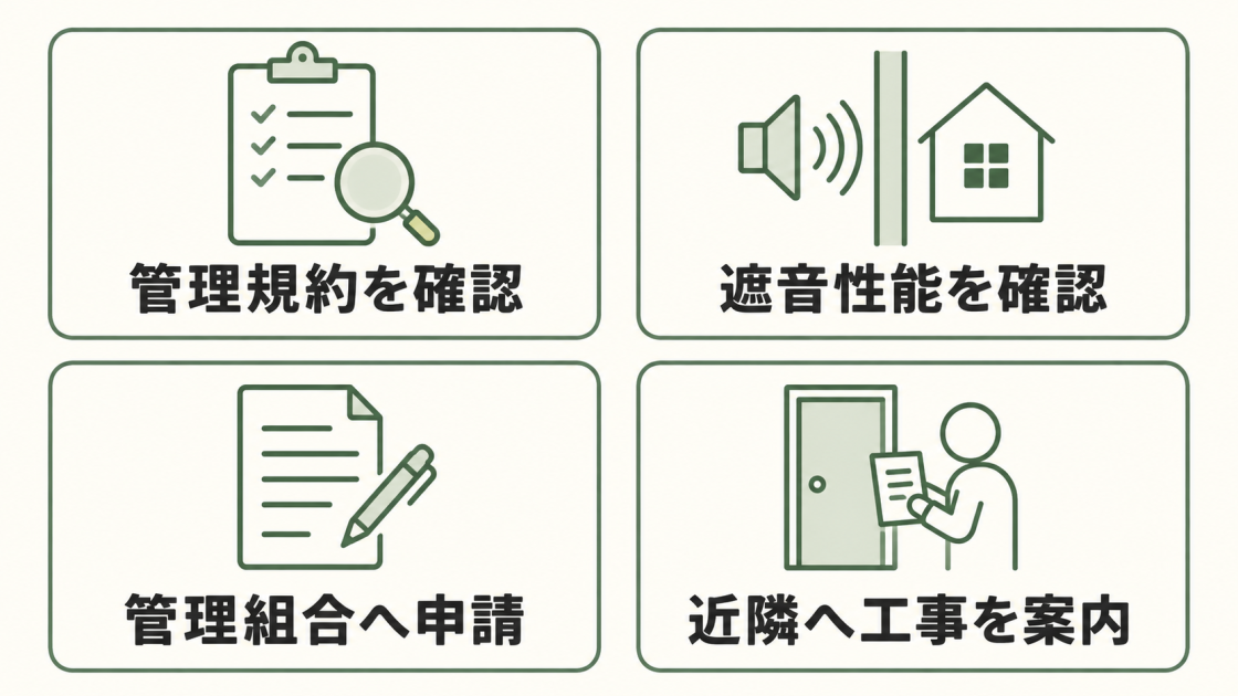 マンションでカーペットからフローリングへ張り替える前に、管理規約、遮音性能、管理組合への申請、近隣案内を確認する図
