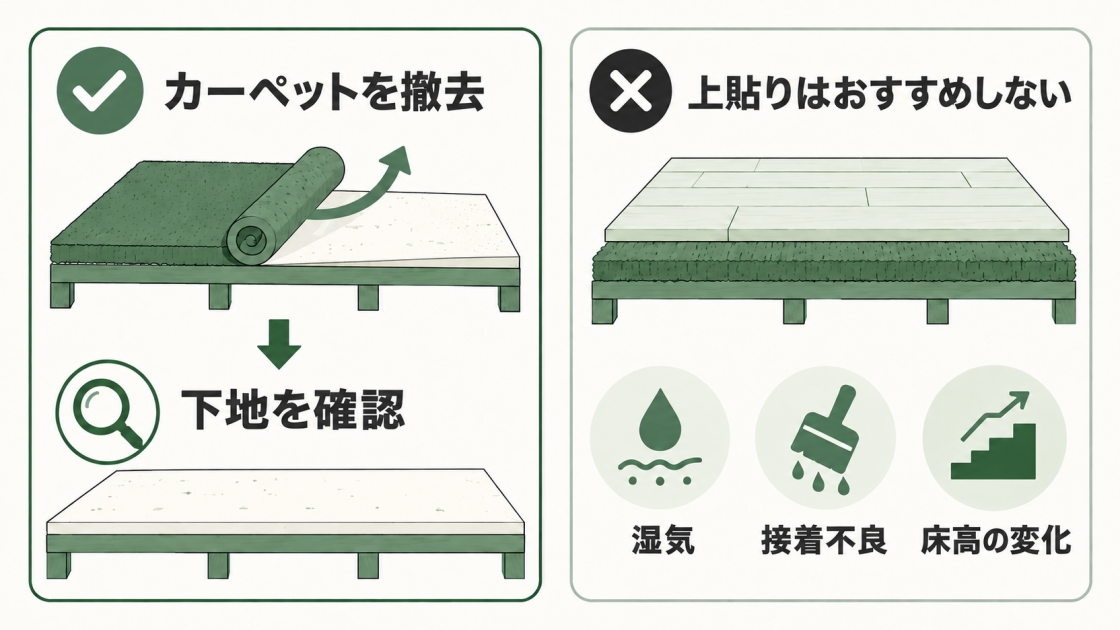 カーペットを撤去して下地を確認する施工と、湿気・接着不良・床高の変化が起こりやすい上貼りを比較した図