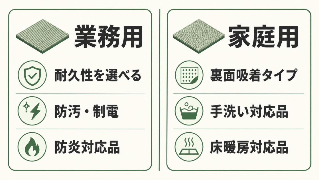 業務用は耐久性、防汚・制電、防炎、家庭用は裏面吸着、手洗い、床暖房対応の商品があることを比較した図解