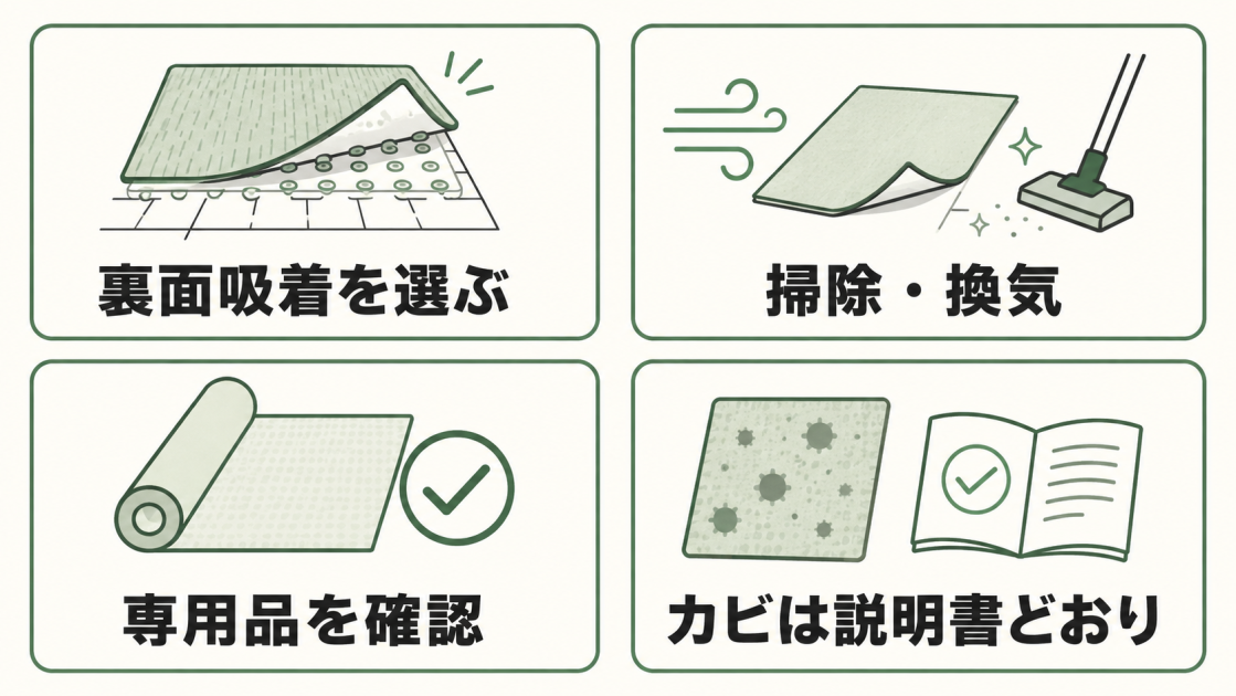 フローリングに敷く際の注意点として、裏面吸着、掃除・換気、専用品の確認、カビ発生時の説明書確認を示す図解