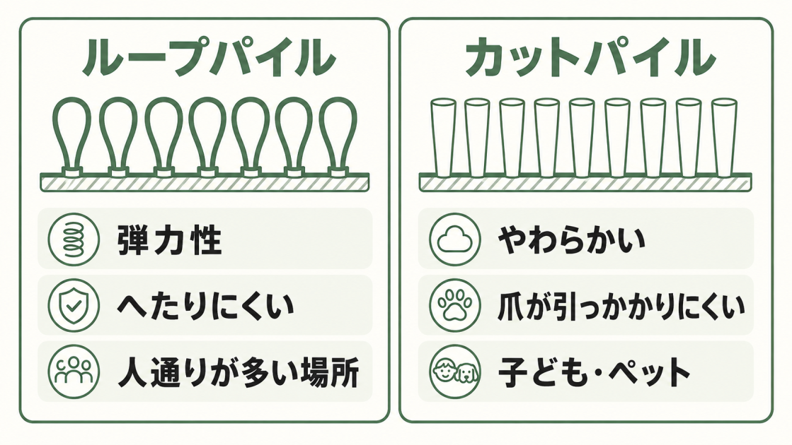 ループパイルは弾力性がありへたりにくく人通りの多い場所向き、カットパイルはやわらかく子どもやペット向きと比較した図解