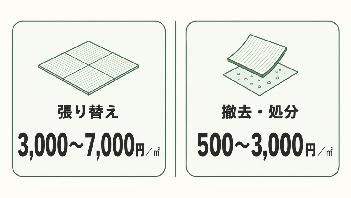タイルカーペットの張り替えは材料費・施工費込みで3,000〜7,000円／㎡、撤去・処分は500〜3,000円／㎡と示す図解