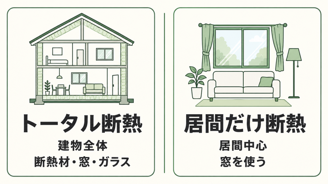 建物全体を断熱材・窓・ガラスで改修するトータル断熱と、窓を使って居間を中心に改修する居間だけ断熱の違い