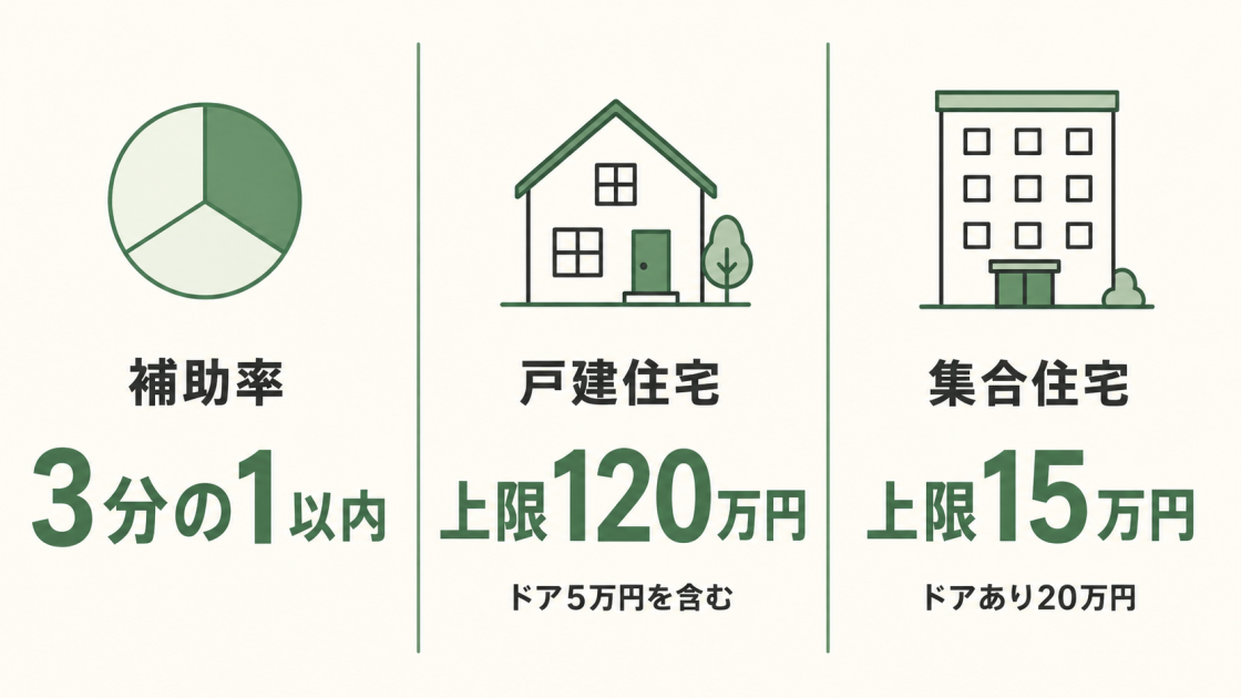 既存住宅の断熱リフォーム支援事業は補助率3分の1以内で、戸建住宅は上限120万円、集合住宅は上限15万円、玄関ドアも改修する集合住宅は20万円