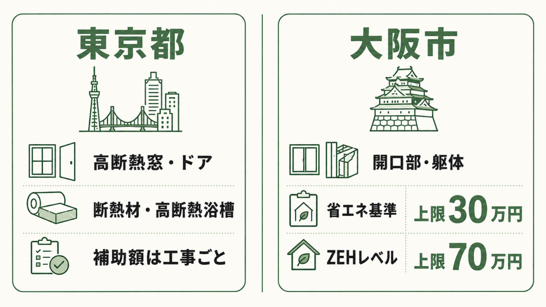 東京都は高断熱窓・ドア、断熱材、高断熱浴槽などを工事ごとに助成し、大阪市は省エネ基準レベルで上限30万円、ZEHレベルで上限70万円とする例を示す図