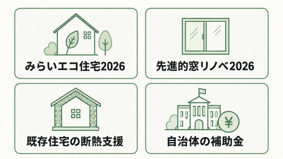 2026年の断熱リフォームで使える、みらいエコ住宅2026、先進的窓リノベ2026、既存住宅の断熱支援、自治体の補助金の4分類