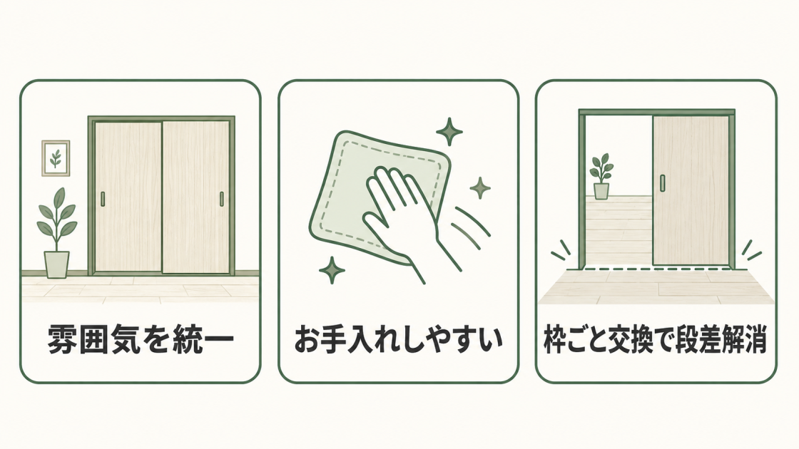 洋風引き戸への変更で、雰囲気の統一、お手入れのしやすさ、枠ごと交換した場合の段差解消を示す図解