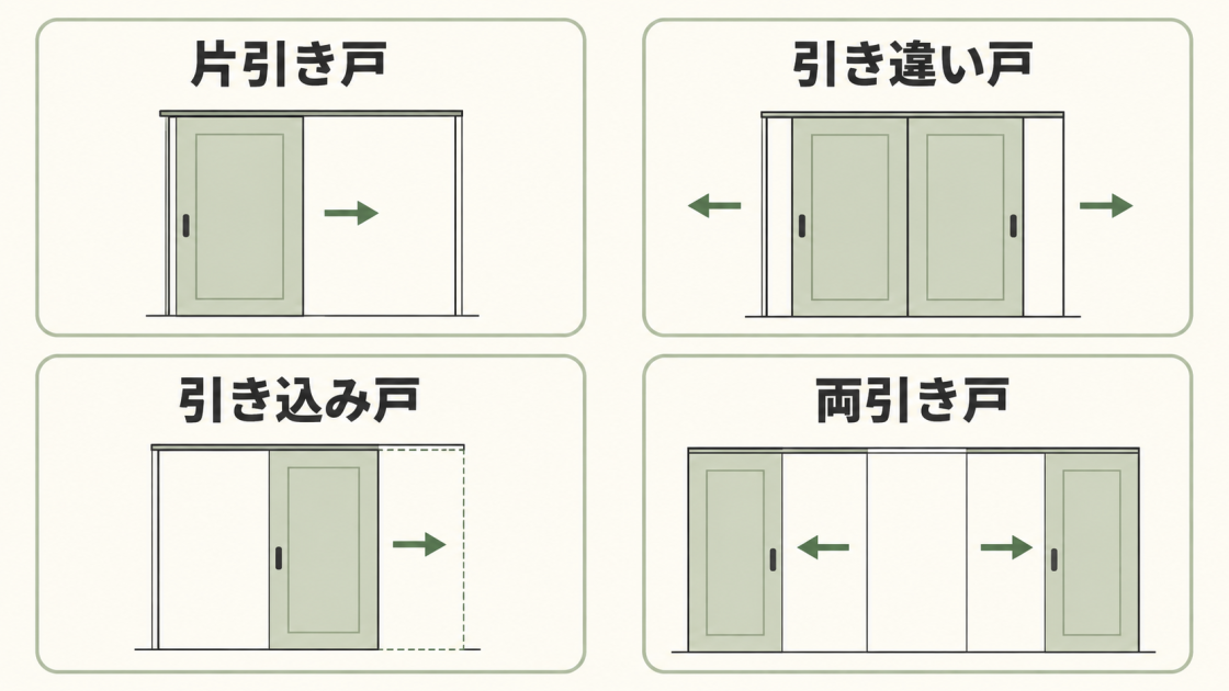 片引き戸、引き違い戸、引き込み戸、両引き戸の開き方を比較した図解