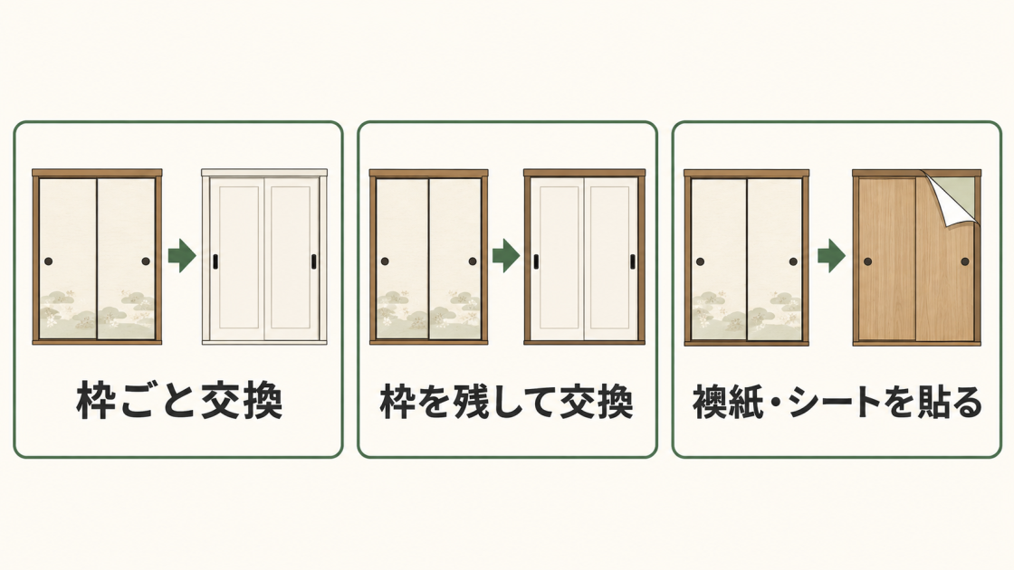 枠ごと交換、枠を残して交換、襖紙・シートを貼る3つの方法を比較した図解
