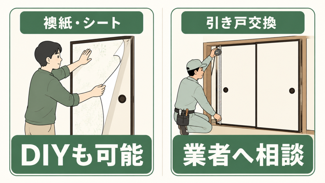 襖紙・シートはDIYも可能、引き戸交換は業者へ相談する区分を示す図解