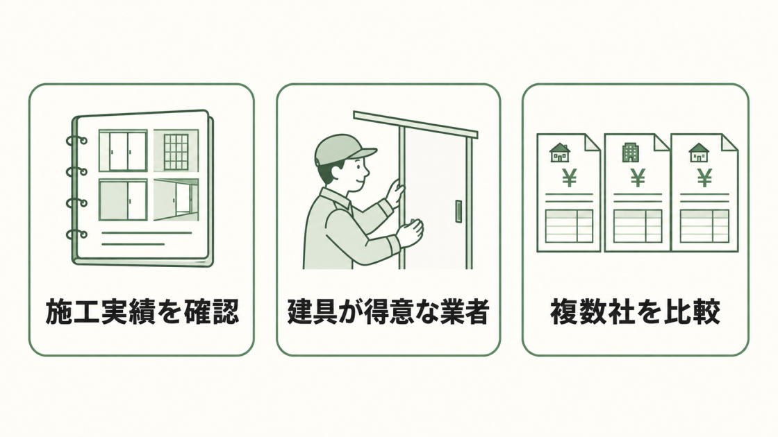 施工実績の確認、建具が得意な業者選び、複数社比較の3点を示す図解
