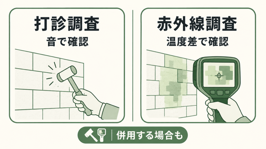 打診調査は音、赤外線調査は表面温度差を使い、必要に応じて両方を併用することを示す図解