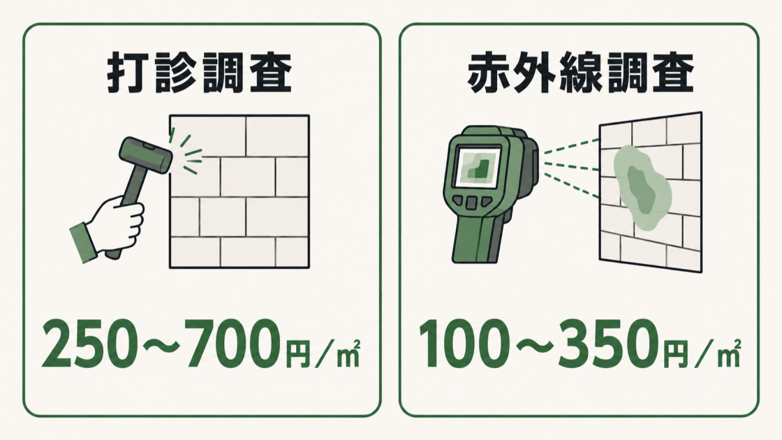 外壁調査の1㎡あたり費用相場は打診調査が250〜700円、赤外線調査が100〜350円であることを比較した図解