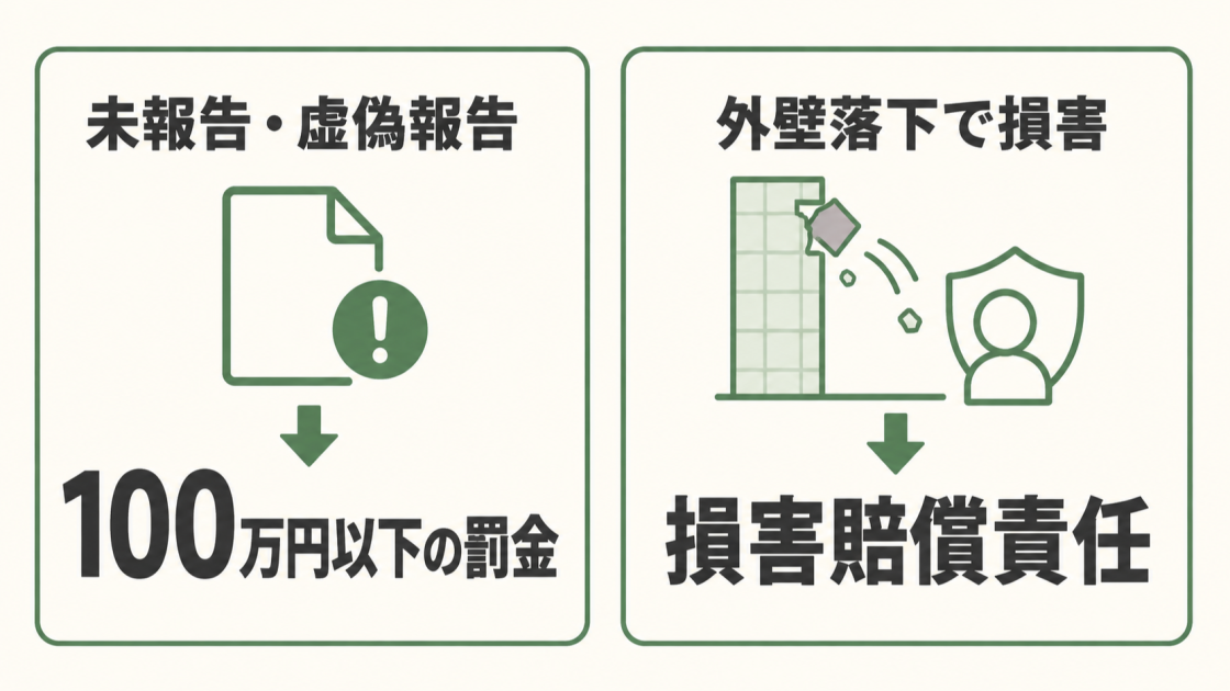 定期調査の未報告や虚偽報告では100万円以下の罰金、外壁落下で他人に損害を与えた場合は損害賠償責任を問われる可能性を示す図解