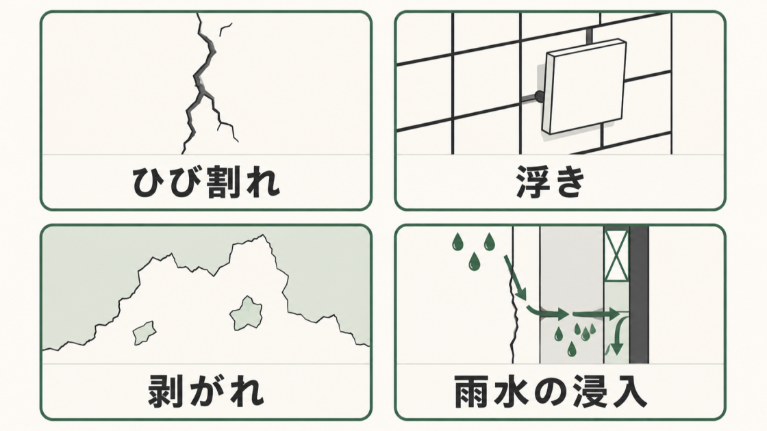 外壁のひび割れ、浮き、剥がれ、雨水の浸入という4つの劣化サインを示す図解