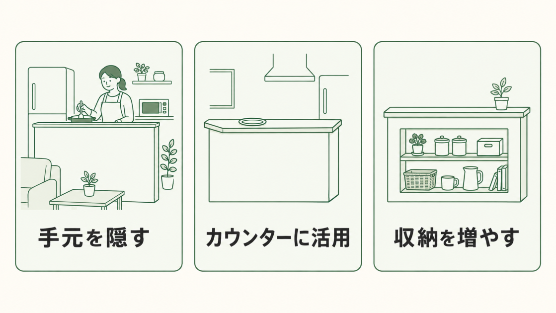 キッチン腰壁のメリットとして、手元を隠す、カウンターに活用する、収納を増やすの3点を示す図解