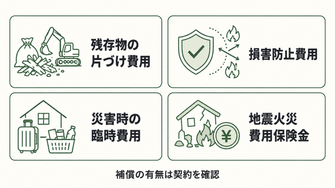 残存物の片づけ費用、損害防止費用、災害時の臨時費用、地震火災費用保険金の4例と契約確認の必要性を示す図解