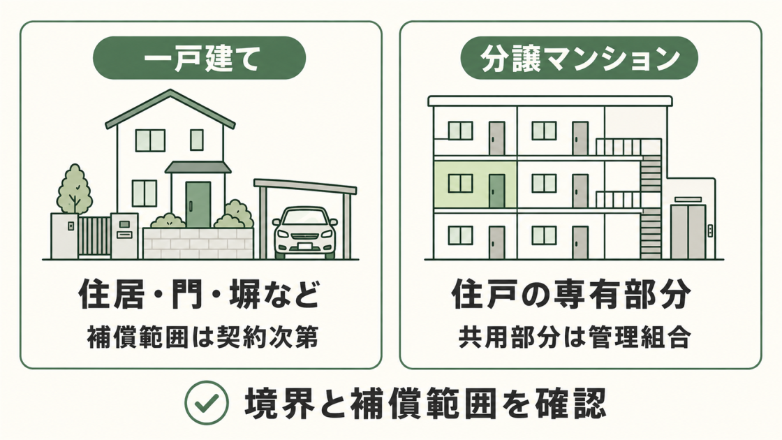 一戸建ては住居・門・塀などの補償範囲が契約次第で、分譲マンションは一般に住戸の専有部分、共用部分は管理組合の保険で扱うことを示す比較図